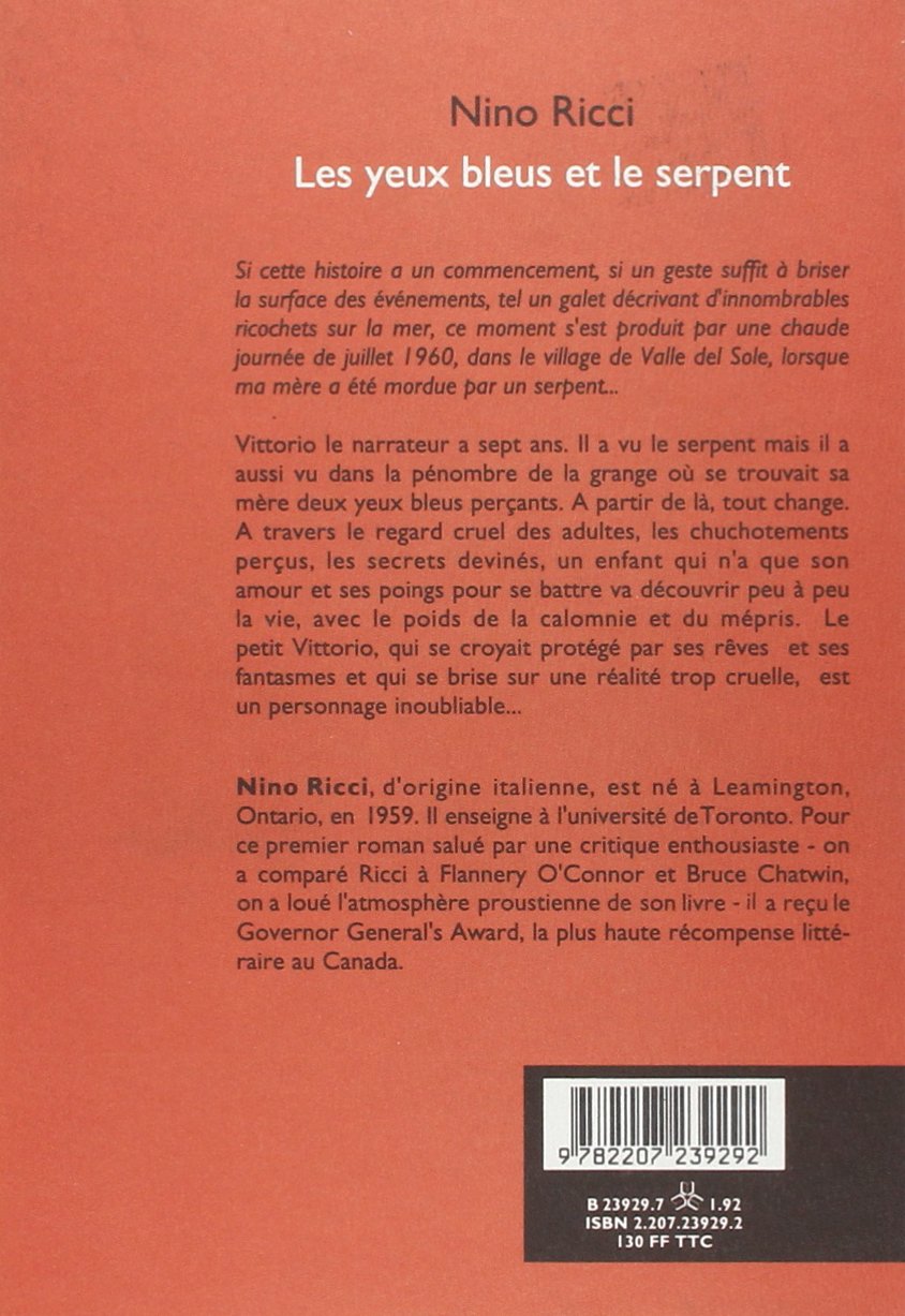 Livre Les yeux bleus et le serpent - Nino Ricci (Livre d'occasion) - ISBN 2207239292
