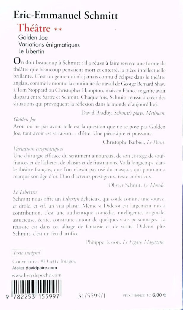 Livre Théâtre II : Golden Joe, Variations énigmatiques, Le libertin - Eric-Emmanuel Schmitt (Livr...
