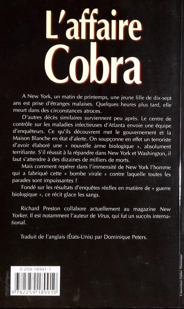 Livre L'affaire Cobra - Richard Preston (Livre d'occasion) - ISBN 2259189911