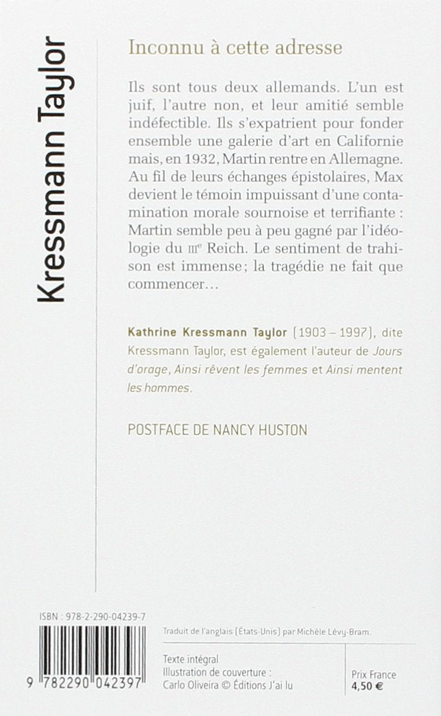 Livre Inconnu à cette adresse - Kathrine Kressmann Taylor (Livre d'occasion) - ISBN 2290042390