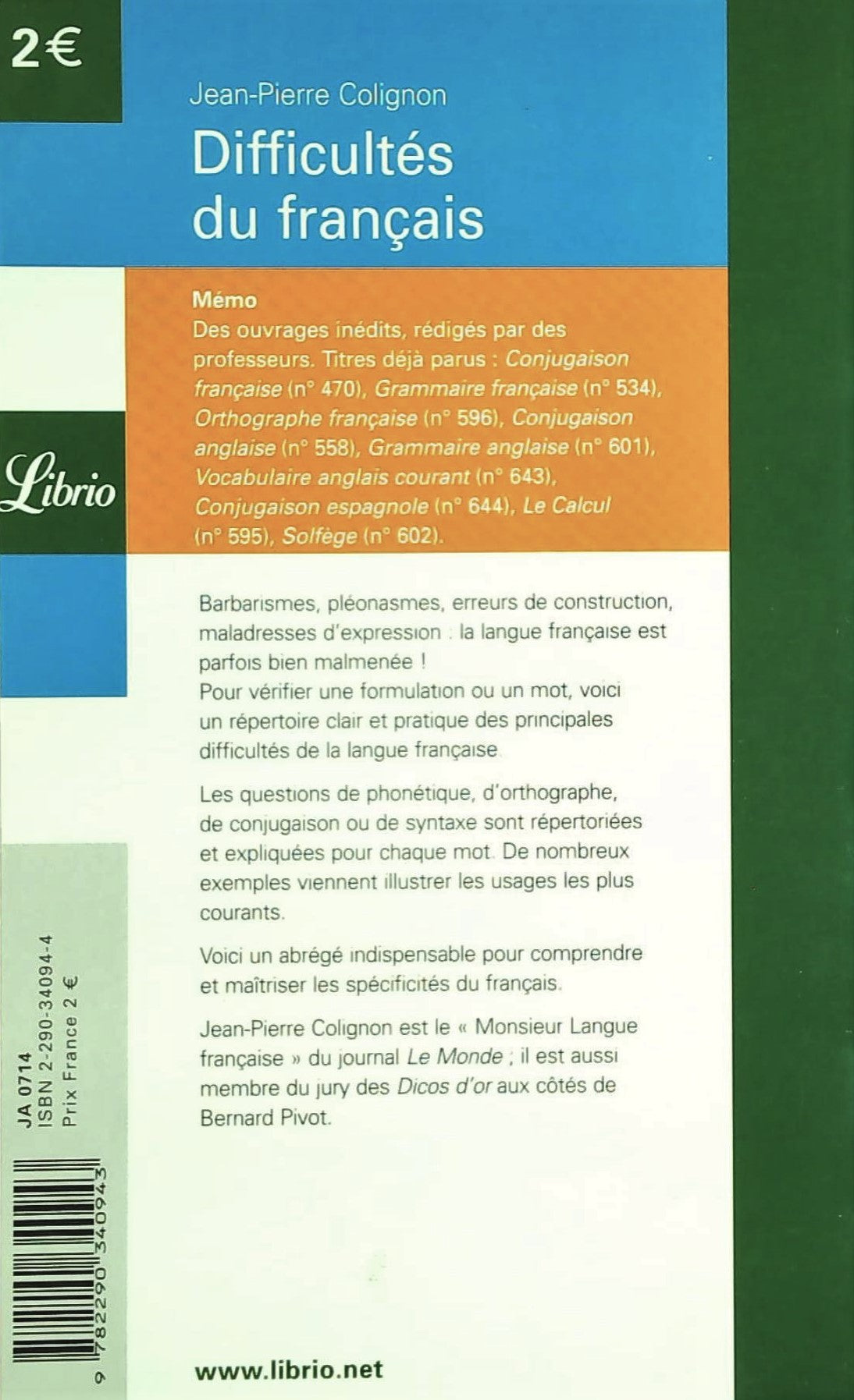 Livre Difficultés du français (Jean-Pierre Colignon) (Livre d'occasion) - ISBN 2290340944