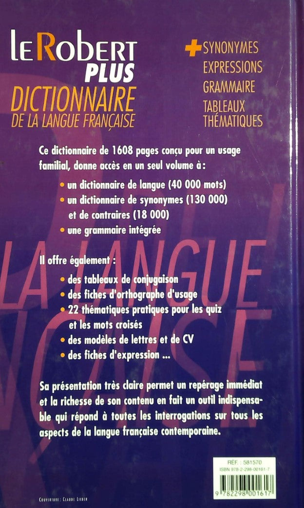 Livre Le robert plus, dictionnaire de la langue française + synonymes, expressions, grammaire, ta...