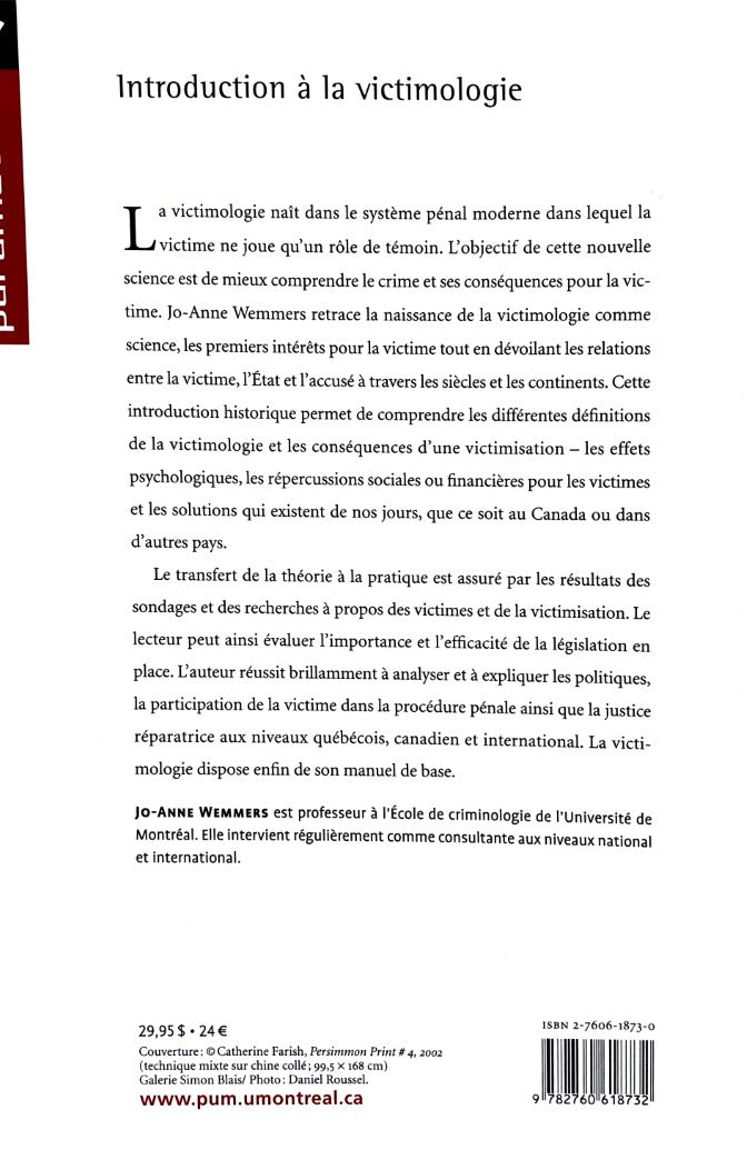 Livre Introduction à la victimologie - Jo-Anne Wemmers (Livre d'occasion) - ISBN 2760618730