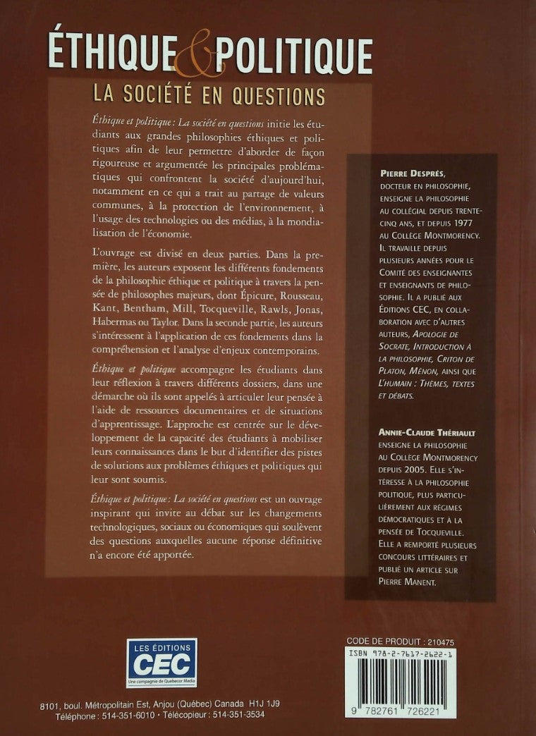 Livre Éthique & Politique, les société en questions - Pierre Després (Livre d'occasion) - ISBN 27...