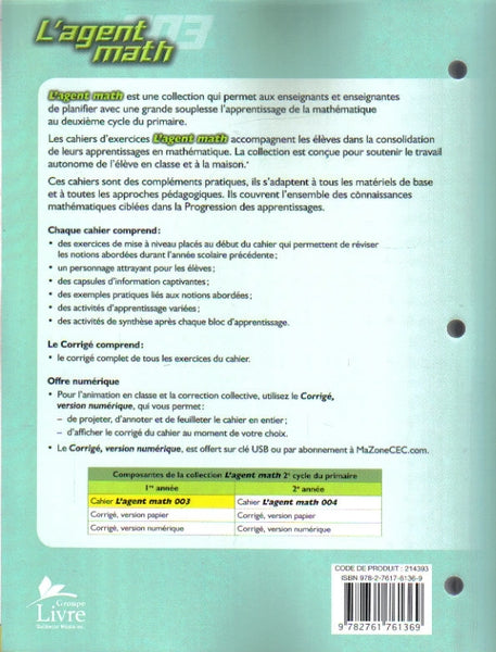 L'agent math, cahier d'exercices : Mathématique 1re année du 2e cycle du primaire (Claudine Aubé)