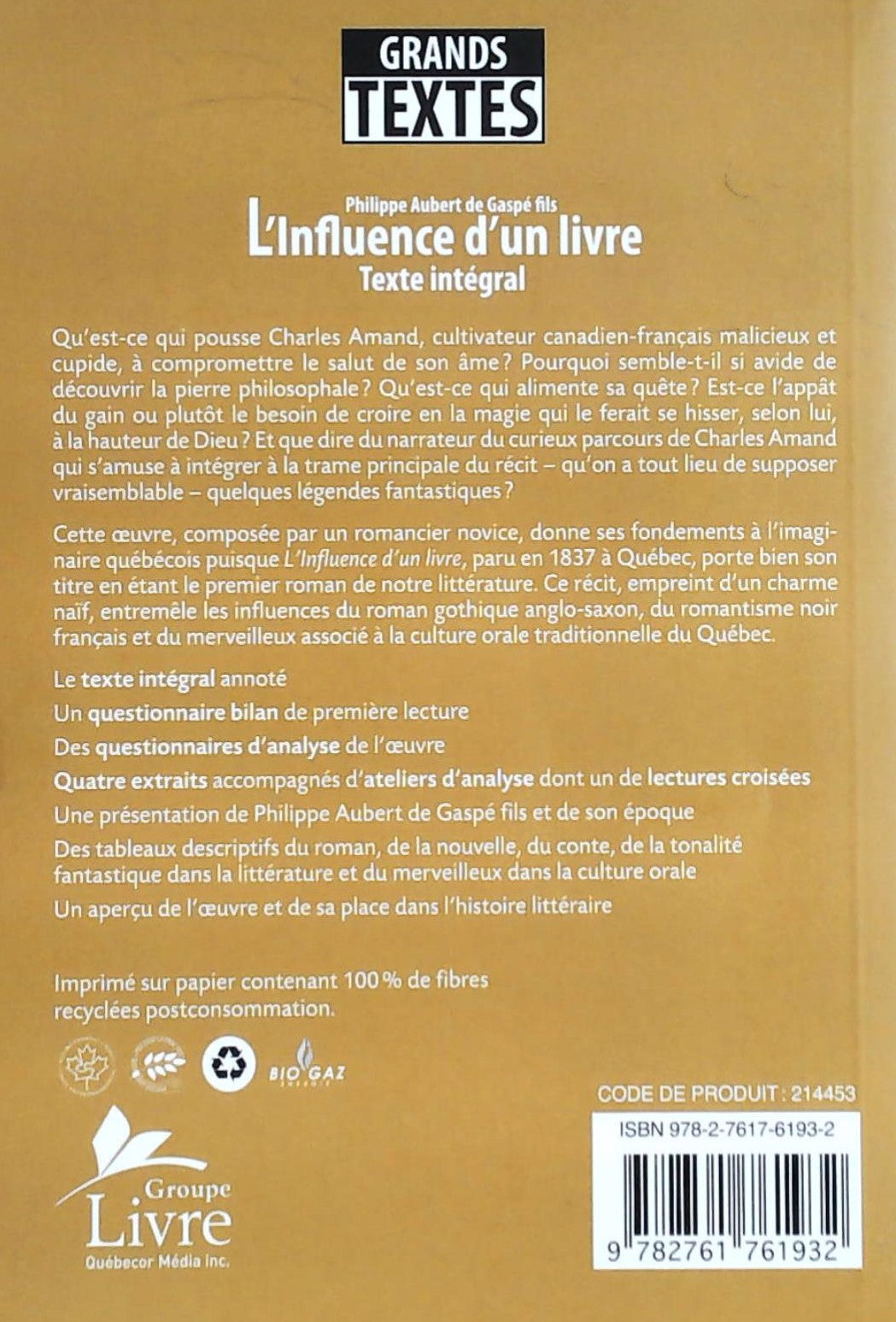 Livre L'influence d'un livre - Philippe Aubert de Gaspé fils (Livre d'occasion)