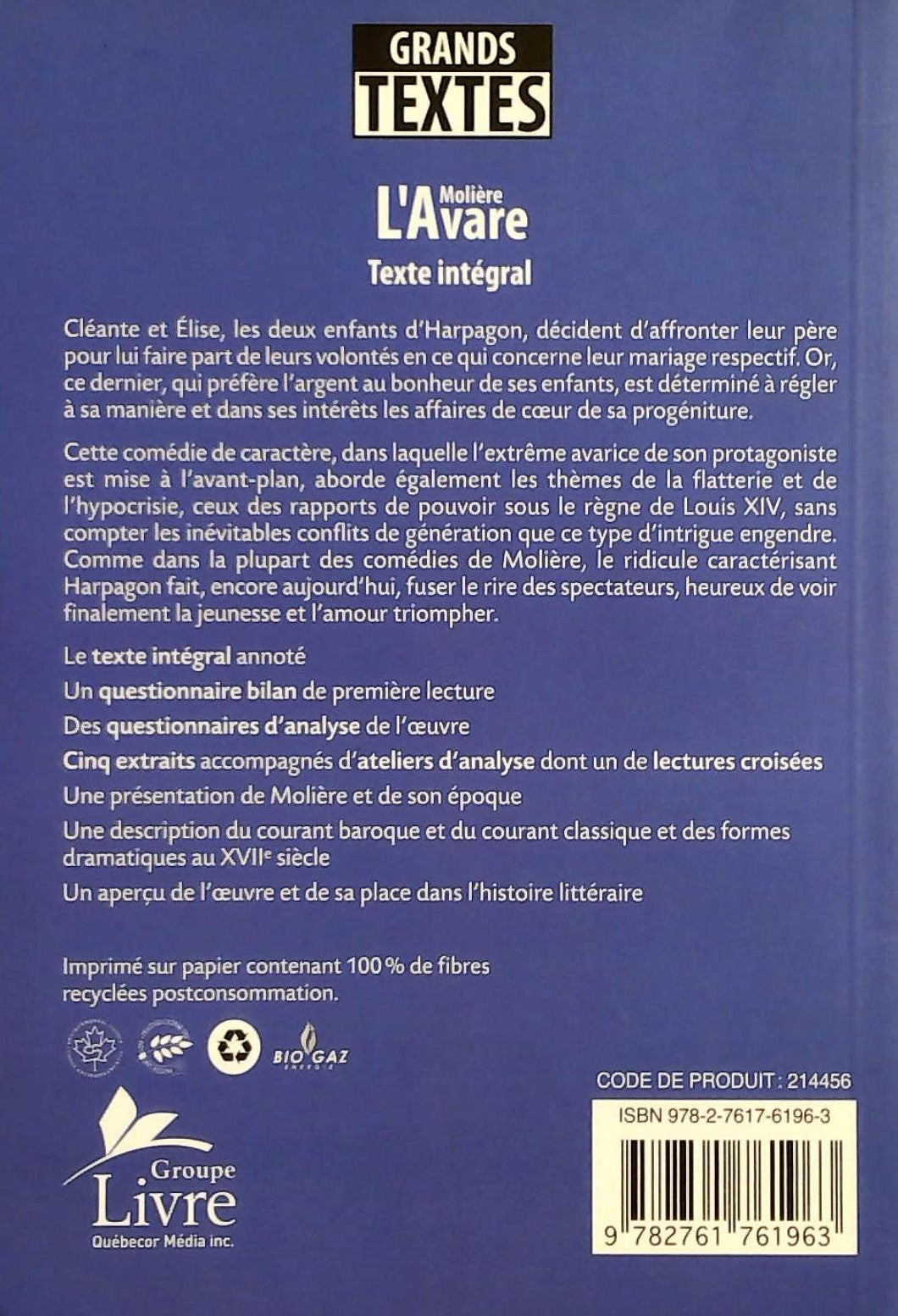 Livre L'avare - Molière (Livre neuf)