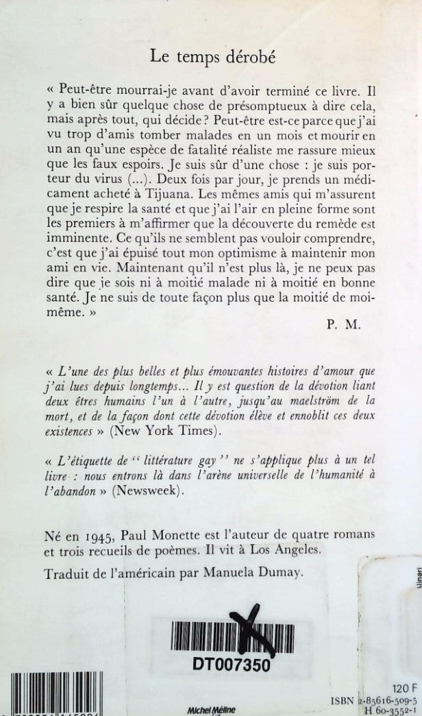 Livre Le temps dérobé: Chronique du sida - Paul Monette (Livre d'occasion) - ISBN 2856165095