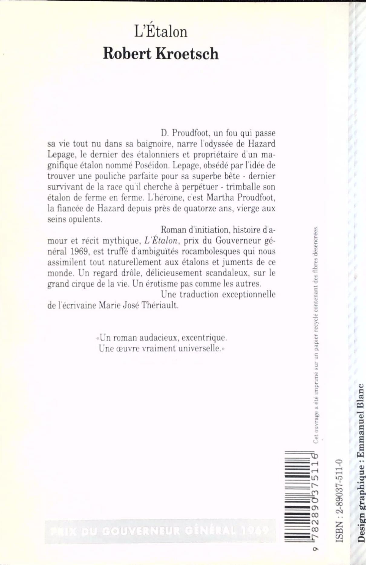 Livre L'étalon - Robert Kroetsch (Livre d'occasion) - ISBN 2890375110