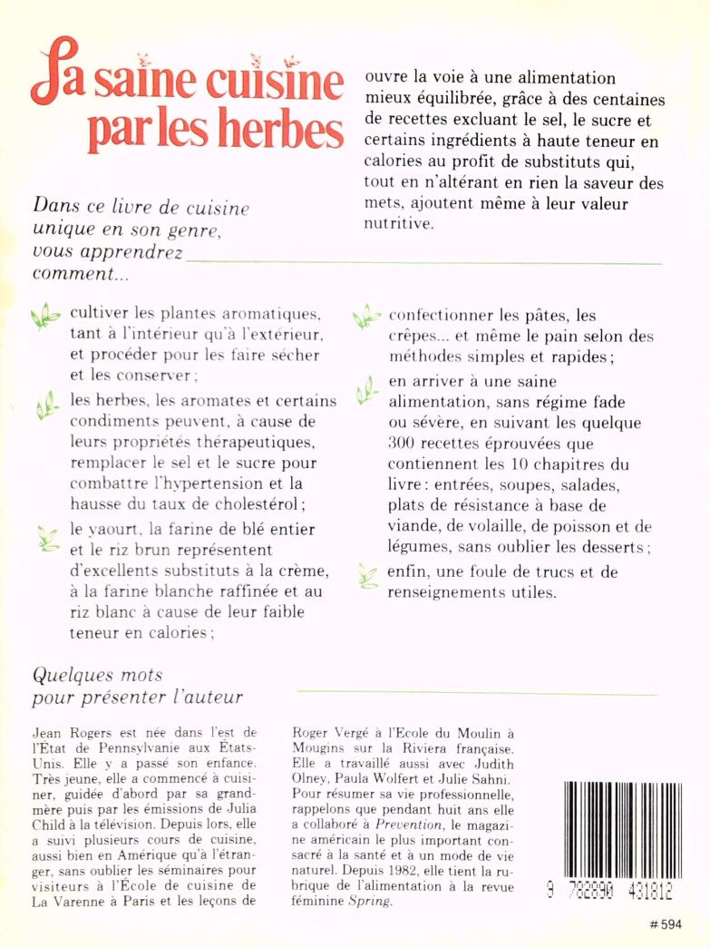 Livre La saine cuisine par les herbes - Jean Rogers (Livre d'occasion) - ISBN 2890431819