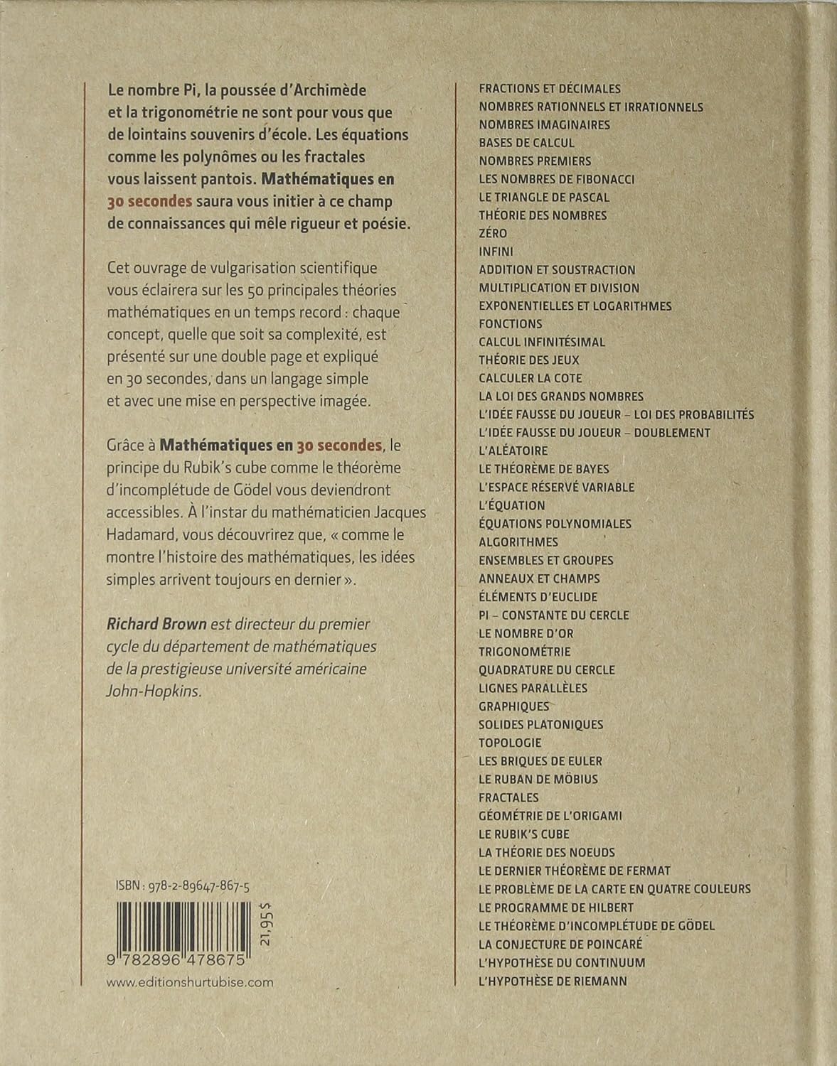Livre Mathématiques en 30 secondes - Richard Brown (Livre neuf) - ISBN 2896478671