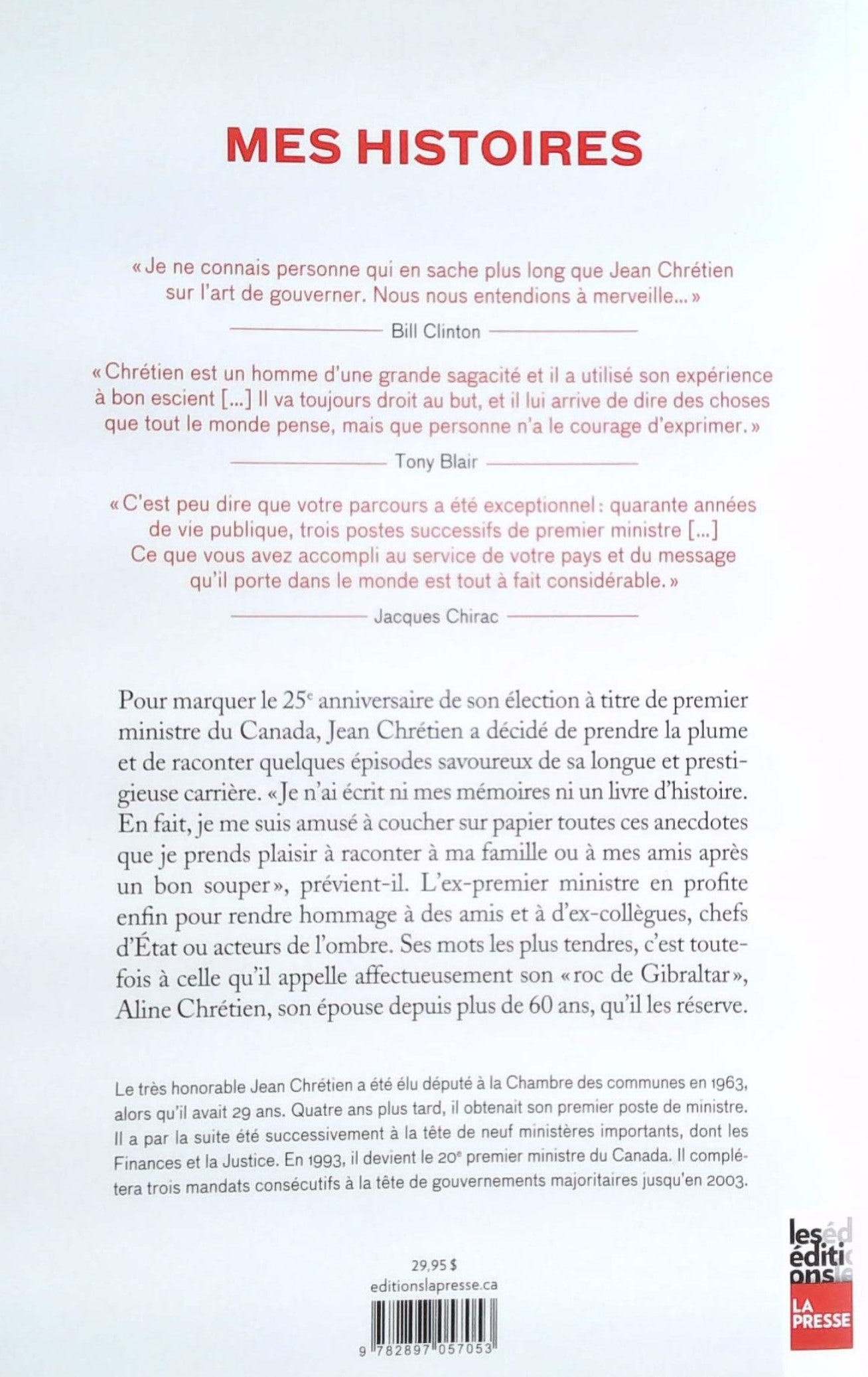 Livre Mes histoires - Jean Chrétien (Livre d'occasion) - ISBN 289705705X
