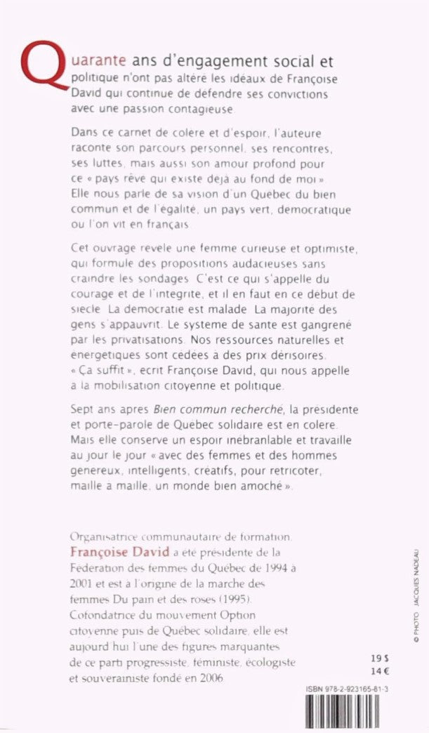 Livre De colère et d'espoir (Françoise David) (Livre d'occasion) - ISBN 2923165810