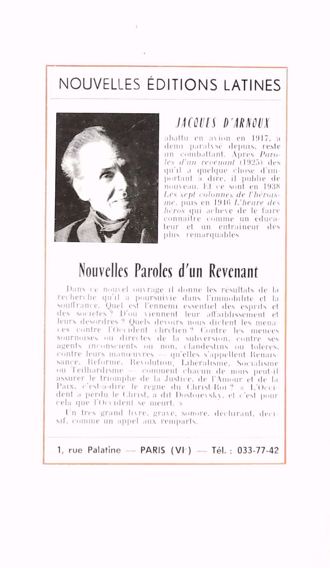 Livre Nouvelles Paroles d'un Revenant. Justice pour Dieu - Jacques D'Arnoux (Livre d'occasion)