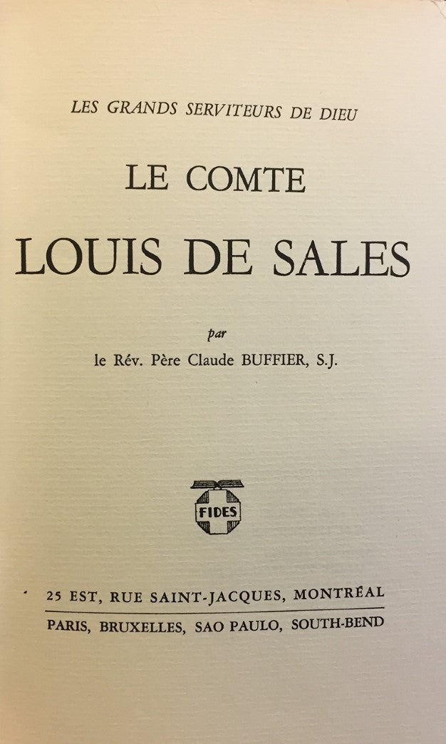 Livre Le Comte Louis de Sales - Rév. Père Claude Buffier, S.J. (Livre d'occasion)