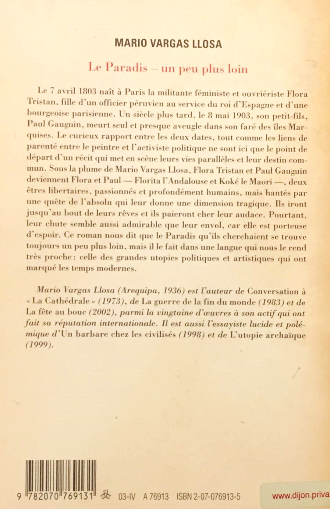 Livre Le paradis : Un peu plus loin - Mario Vargas Llosa (Livre d'occasion) - ISBN 2070769135