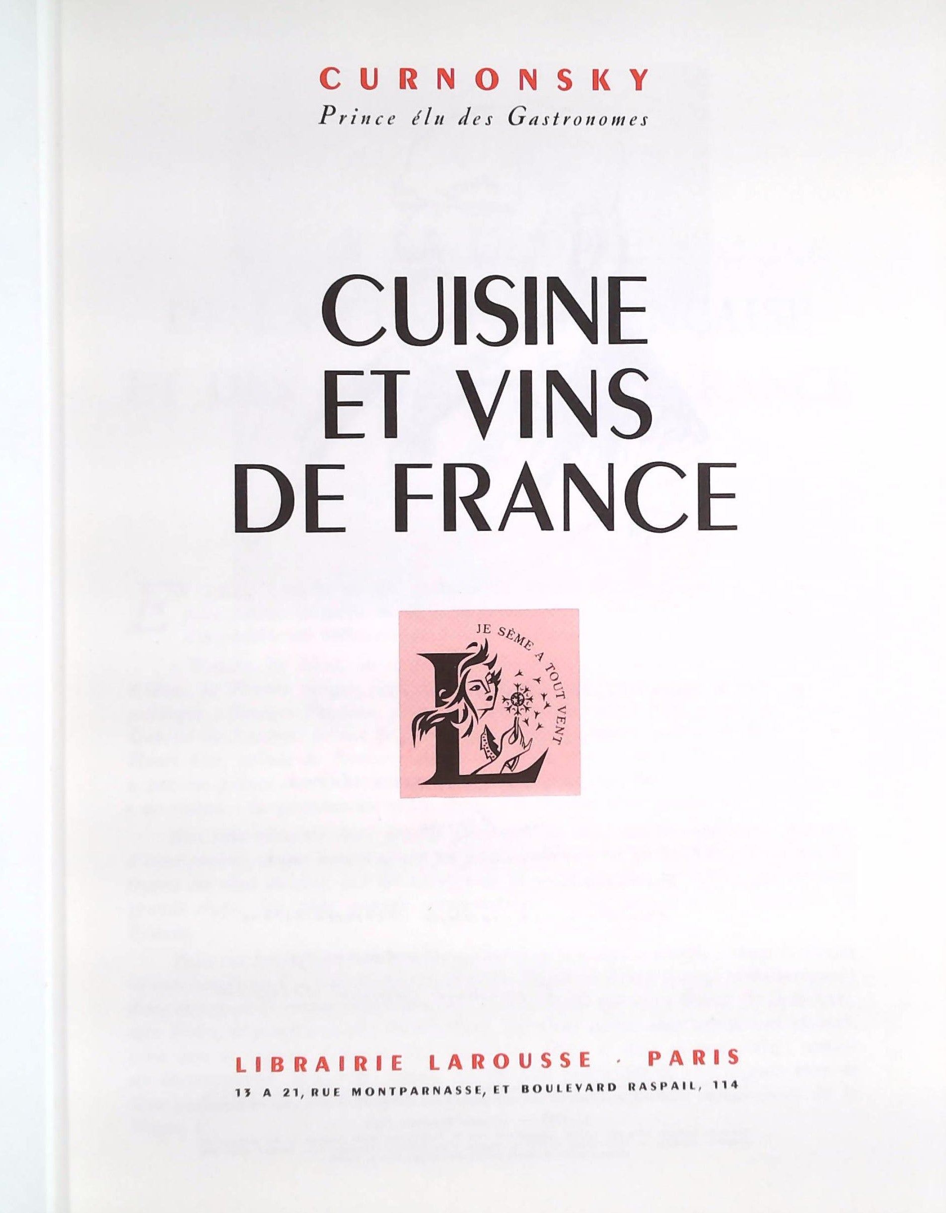 Livre Cuisine et vins de France - Curnonsky (Livre d'occasion)