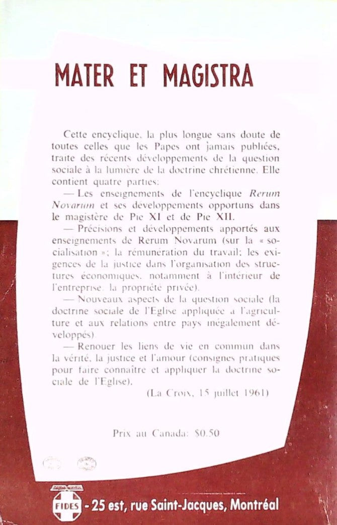 Livre Mater et Magistra : Lettre encyclique de S.S. Jean XXIII (Livre d'occasion)