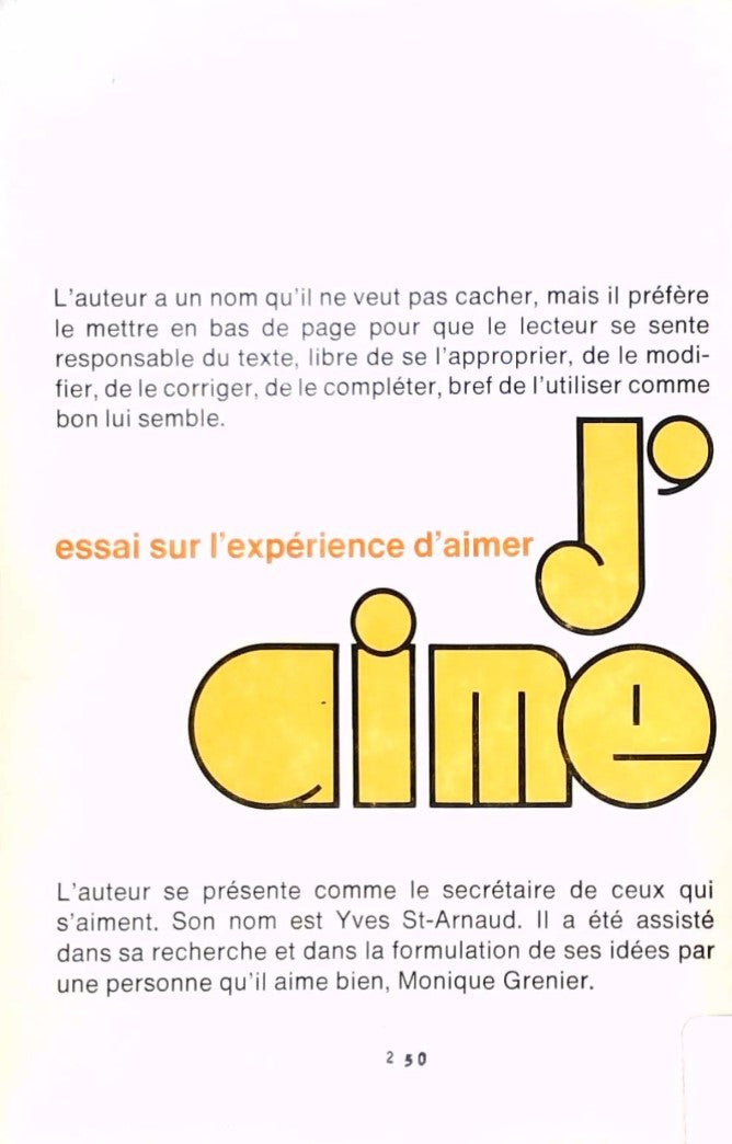 Livre J'aime : Essai sur l'expérience d'aimer (Livre d'occasion)