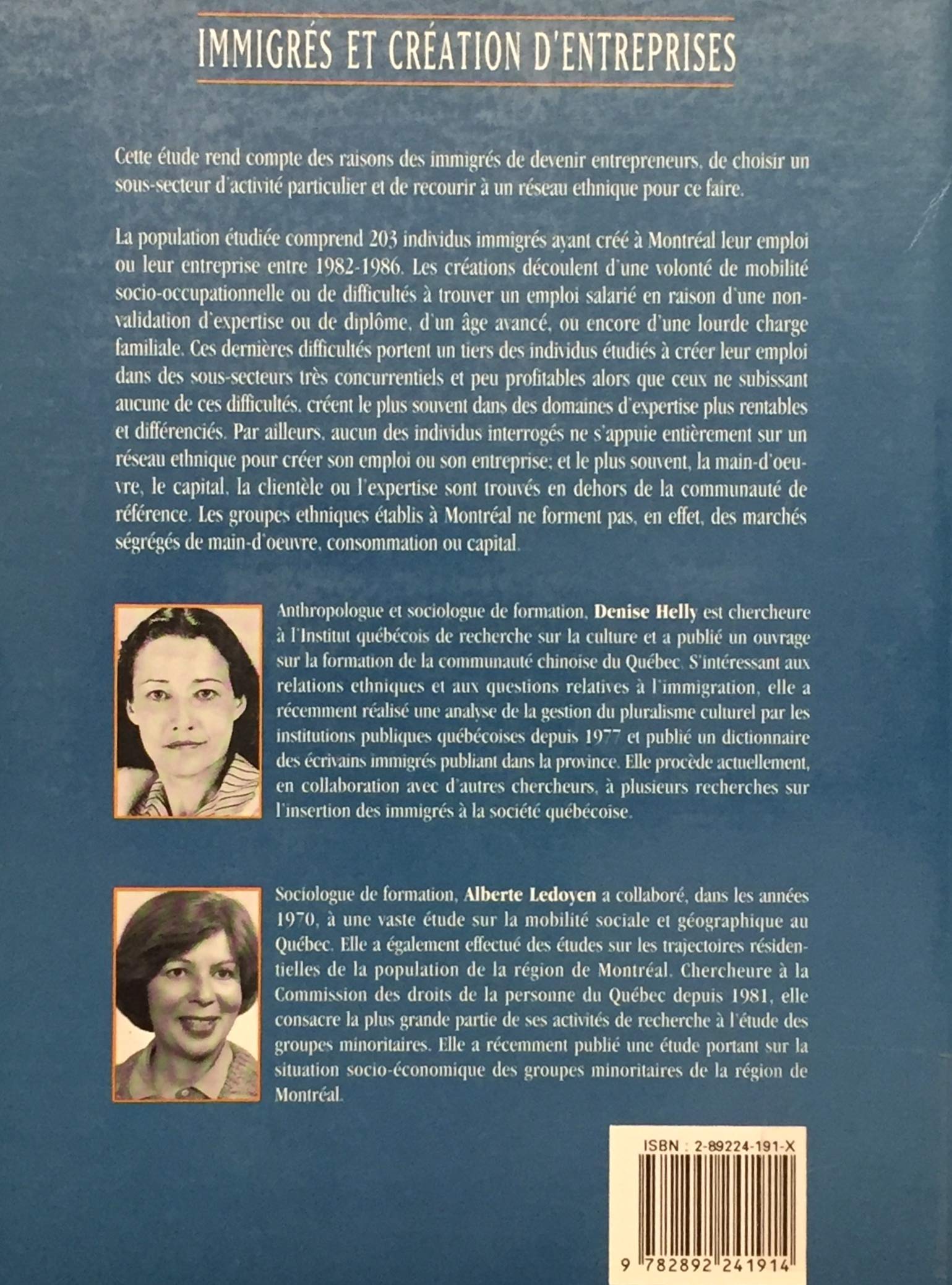 Immigrés et création d'entreprises (Montréal 1990) (Denise Helly)