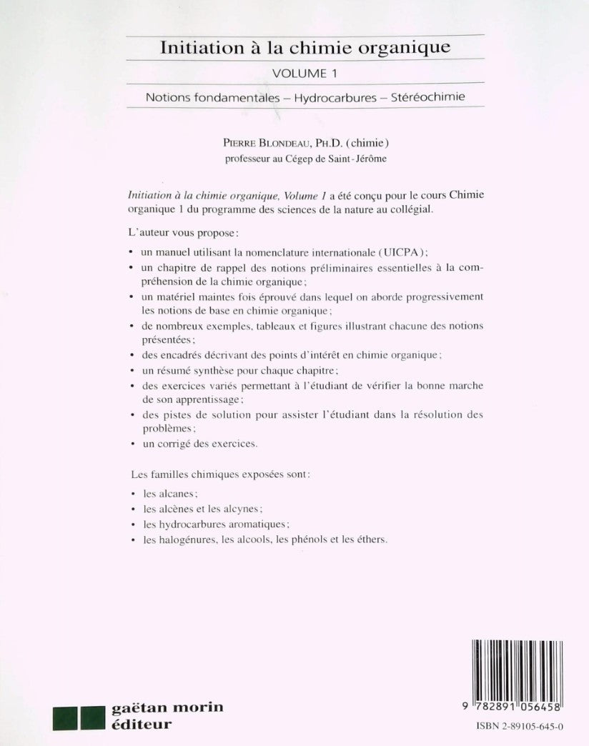 Initiation à la chimie organique Volume 1 (Pierre Blondeau)